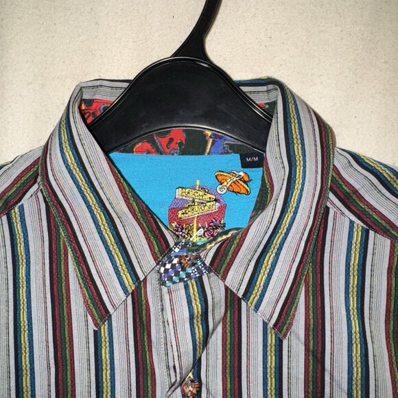 Robert Graham Stripe Button Up Shirt M Colorful Flip Cuff Paisley Silk Trim - Picture 1 of 10